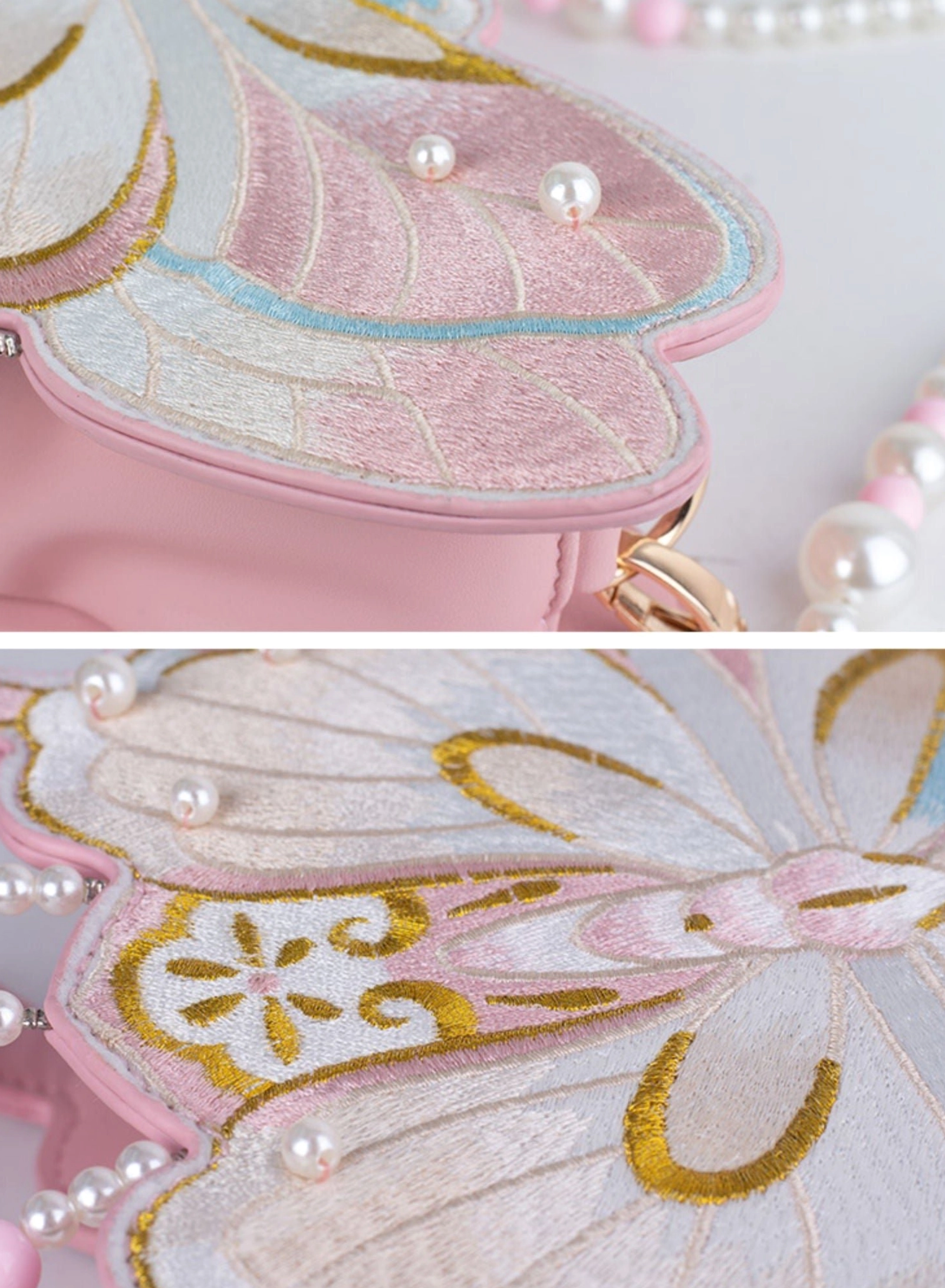 Chinese Qi Lolita butterfly bag detail shot showing intricate golden embroidery work and pearl embellishment craftsmanship