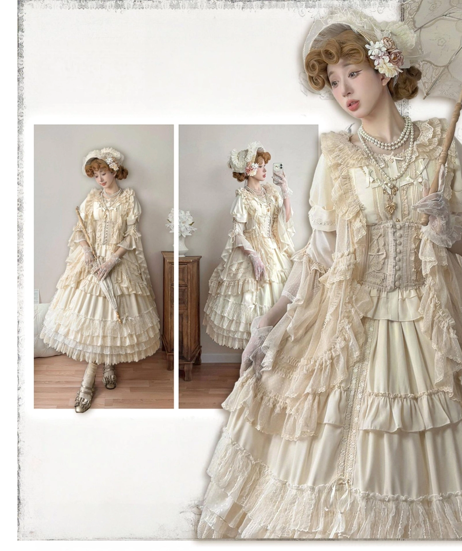 Butterfly shadow lolita blouse styling details showing hime sleeve adjustable lace-up system, decorative rose and butterfly buttons, and romantic vintage silhouette