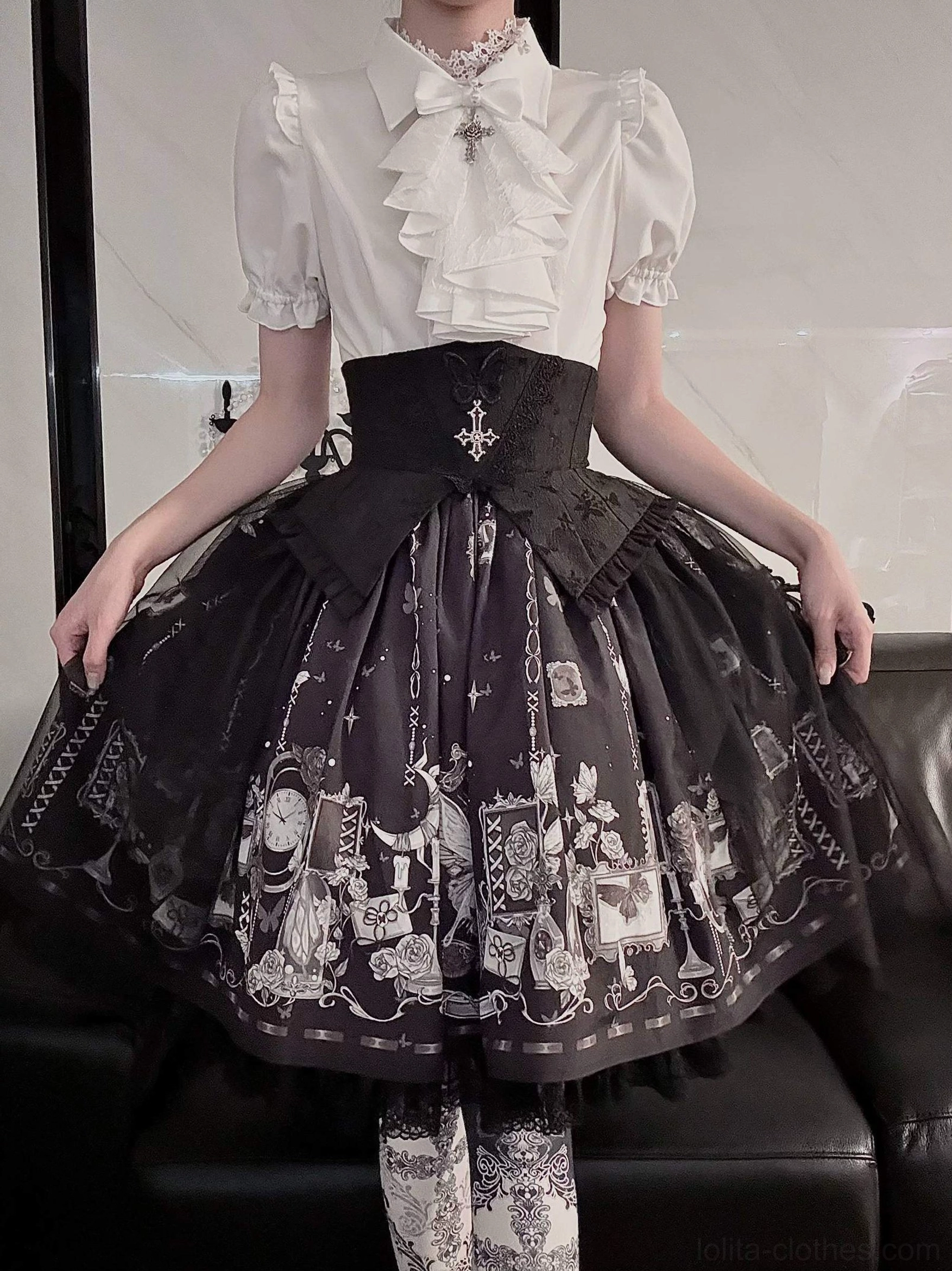 Butterfly shadow gothic lolita blouse ruffled front placket texture detail premium stretch TR fabric fitted waist silhouette construction