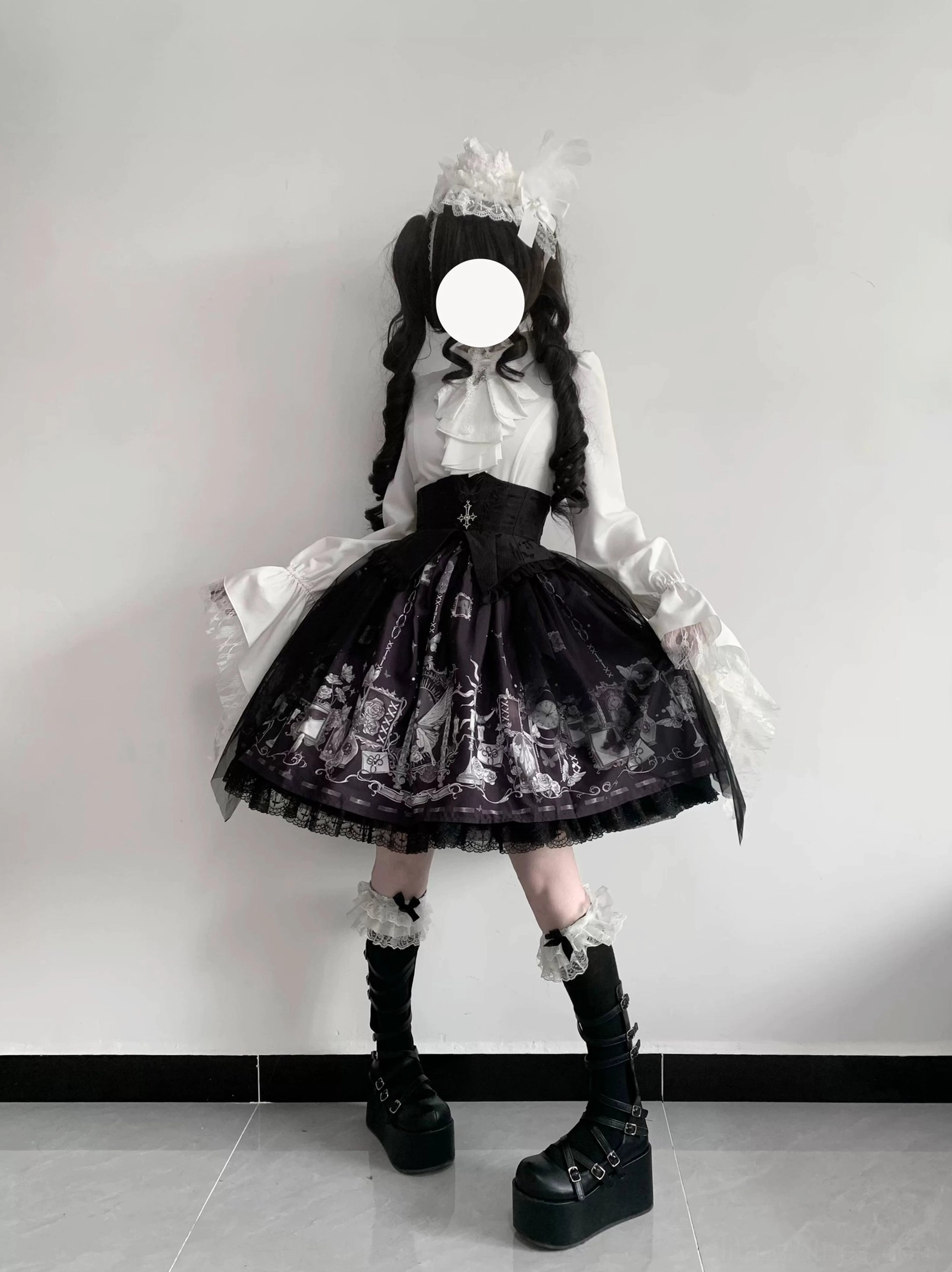 Butterfly shadow gothic lolita complete set product flat lay composition all components blouse skirt jabot accessories arrangement view