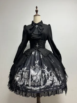 Gothic Lolita butterfly shadow corset skirt and detachable jabot blouse full set displayed on dress form front view with butterfly clock print