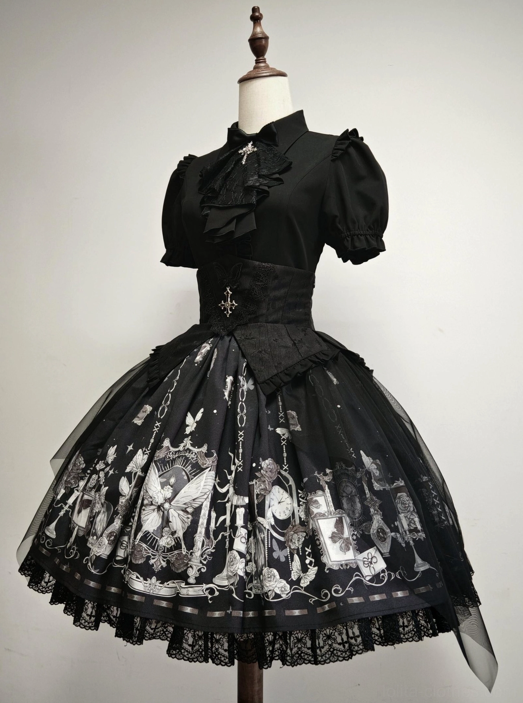 Gothic lolita butterfly shadow ensemble styling inspiration with thigh-high argyle stockings platform shoes headpiece complete look coordination