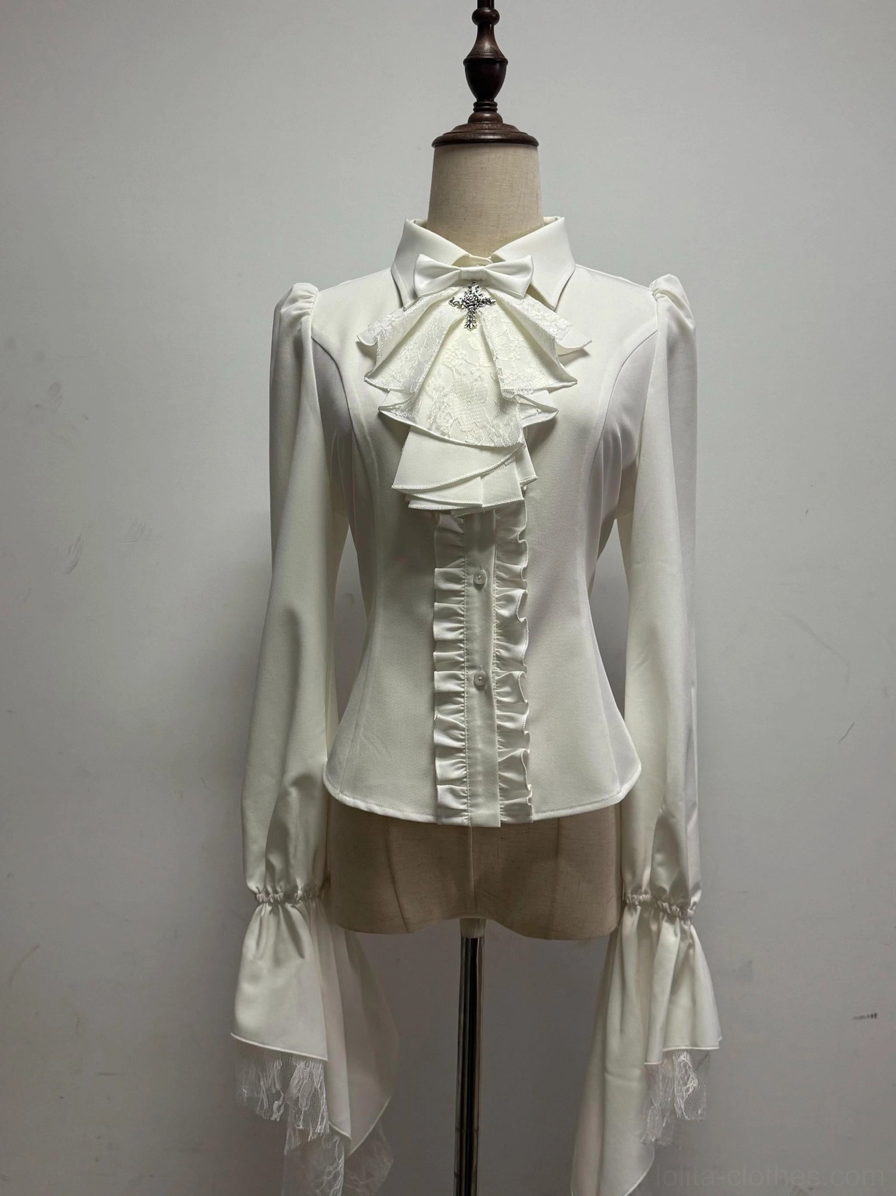White long sleeve butterfly shadow gothic lolita blouse with large ruffled front cravat cross brooch flared sleeves lace trim fitted tailored