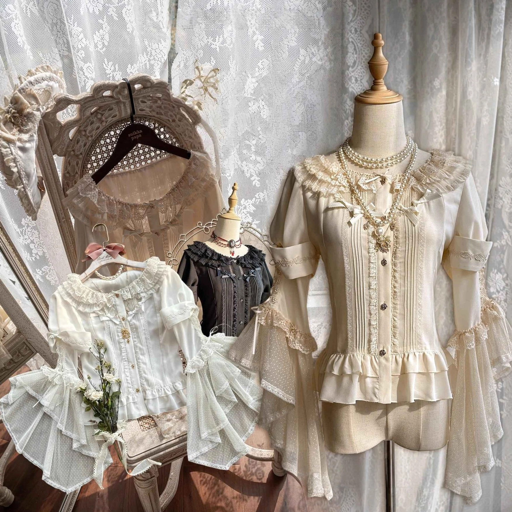 Butterfly Shadow ivory hime sleeve lolita blouse with rose and butterfly decorative buttons, front full-body display on mannequin with vintage lace backdrop