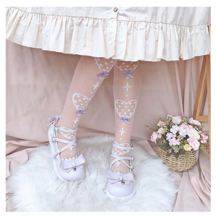 Calf-length Lolita knee socks in pink plaid bow on white ground with ultra-thin sheer glass yarn and delicate heart print design details