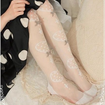 Calf-length Lolita socks in blue plaid bow on white ground colorway featuring sheer delicate material with charming heart print embellishment