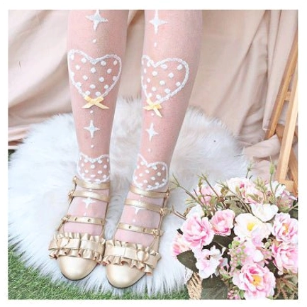 Calf-length Lolita socks featuring goose yellow bow on white ground with polka dot heart print in premium sheer glass yarn construction