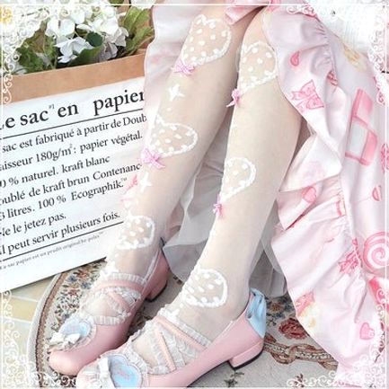 Calf-length Lolita socks in soft pink bow on white background design with ultra-thin sheer material and delicate heart print pattern