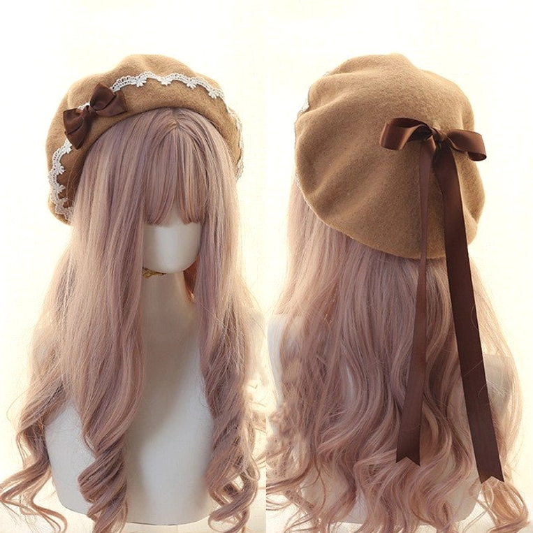 Camel brown woolen lolita beret with small brown bow and back ribbon long lace trim detail