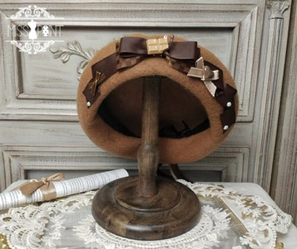 Camel hand-made chocolate daily sweet lolita flat-top hat featuring striped bow ribbon and biscuit-themed ornamental decorations for versatile lolita coordinate styling