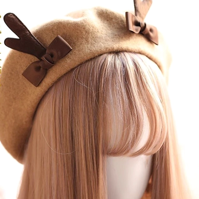 Camel light brown wool deer horn beret with ornaments lolita fashion headwear front angle