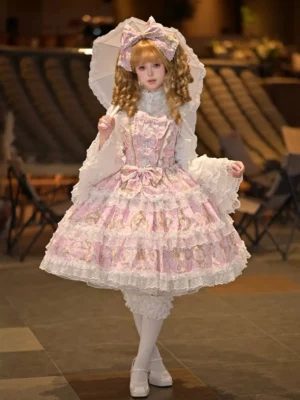 Full-body model wearing pink Candelabra Ode sweet lolita JSK jumper skirt with matching hair bonnet, ruffled blouse, white frilly socks and flat shoes in studio