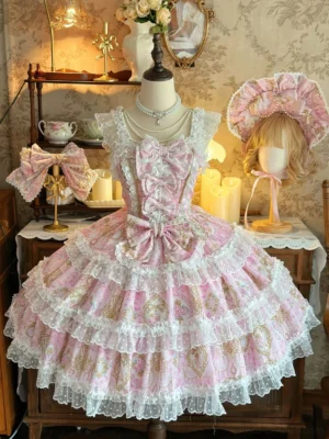 Candelabra Ode pink sweet lolita JSK dress with tiered lace ruffles and large front bow displayed on mannequin in vintage tea room setting with candlelight
