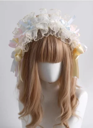 Sweet lolita pastel rainbow headband with multi-layer ruffled lace white pink blue yellow flowers bows ribbon streamers front view