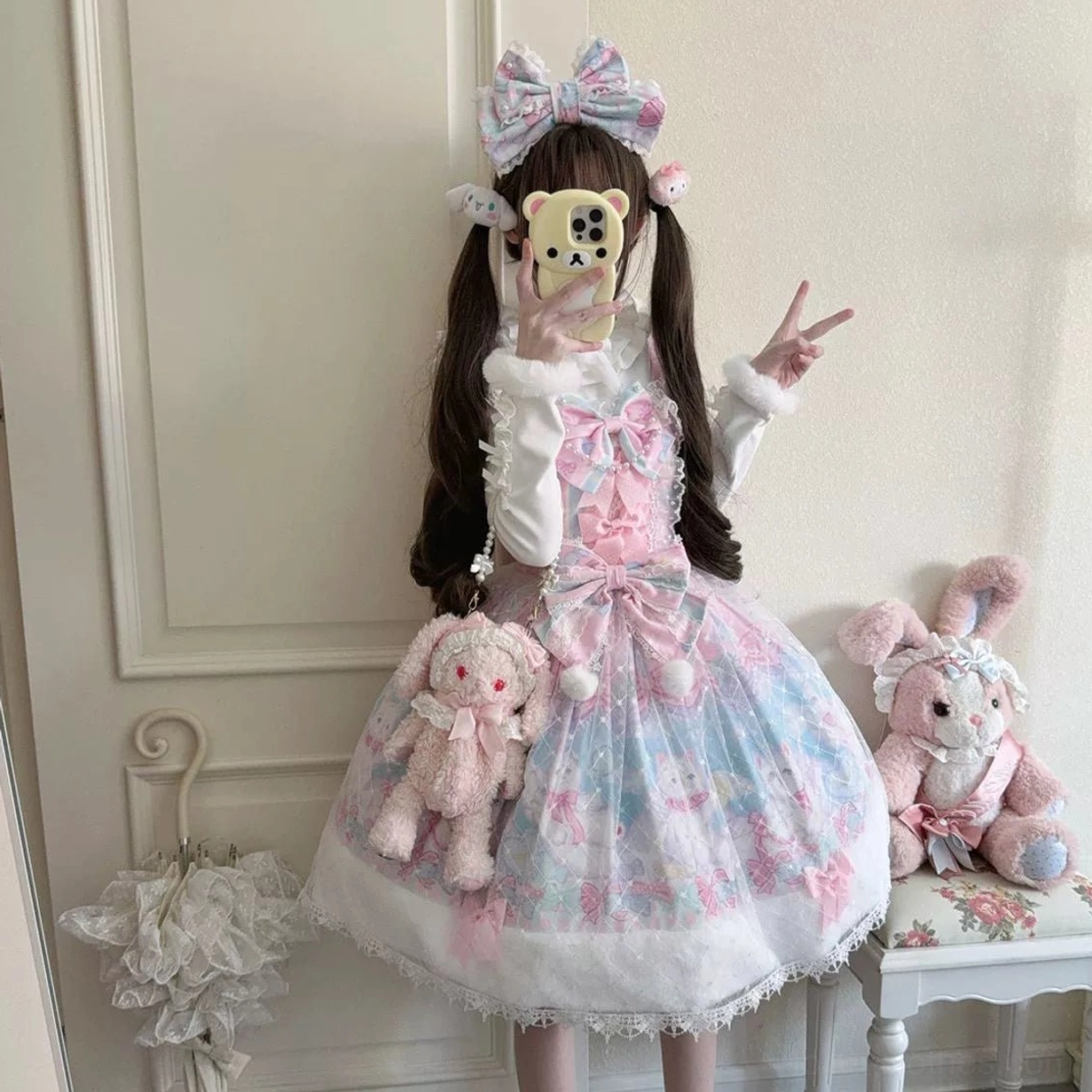 Pastel pink kitten print sweet lolita JSK dress only separate piece matching bonnet detachable waist bow front mannequin display