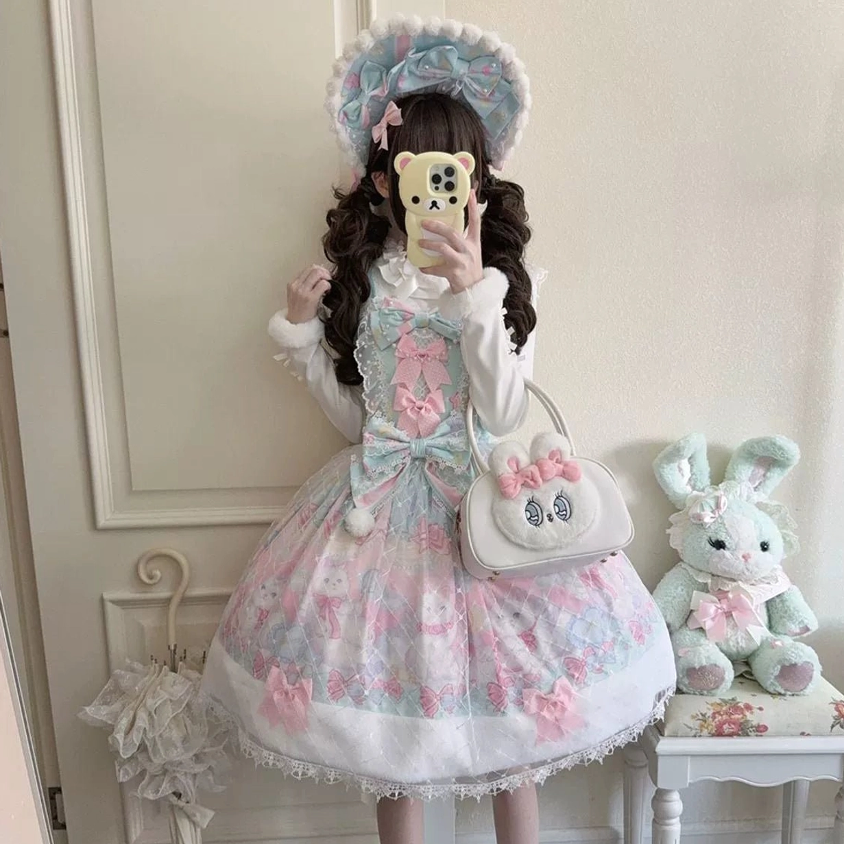 Candy mary cat sweet lolita JSK dress back view shirring waist tie adjustable fit kitten print rear silhouette