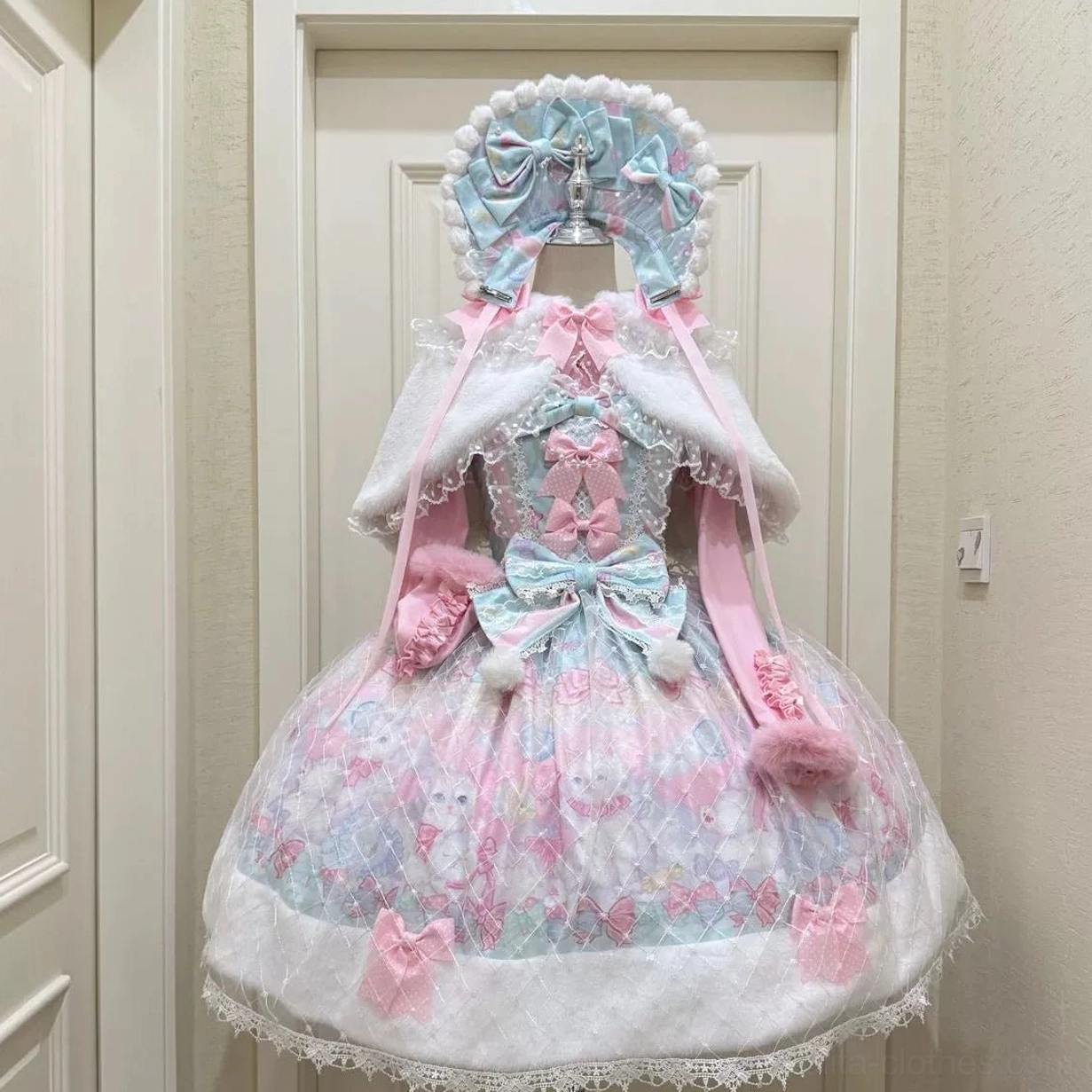 Sweet lolita dress pastel pink blue cat print multiple ribbon bow decorations detachable waist bow matching bonnet capelet front full display