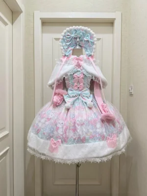 Candy Mary Cat sweet lolita JSK dress pastel pink blue kitten print full coordinate with white blouse matching bonnet and plush capelet front mannequin display