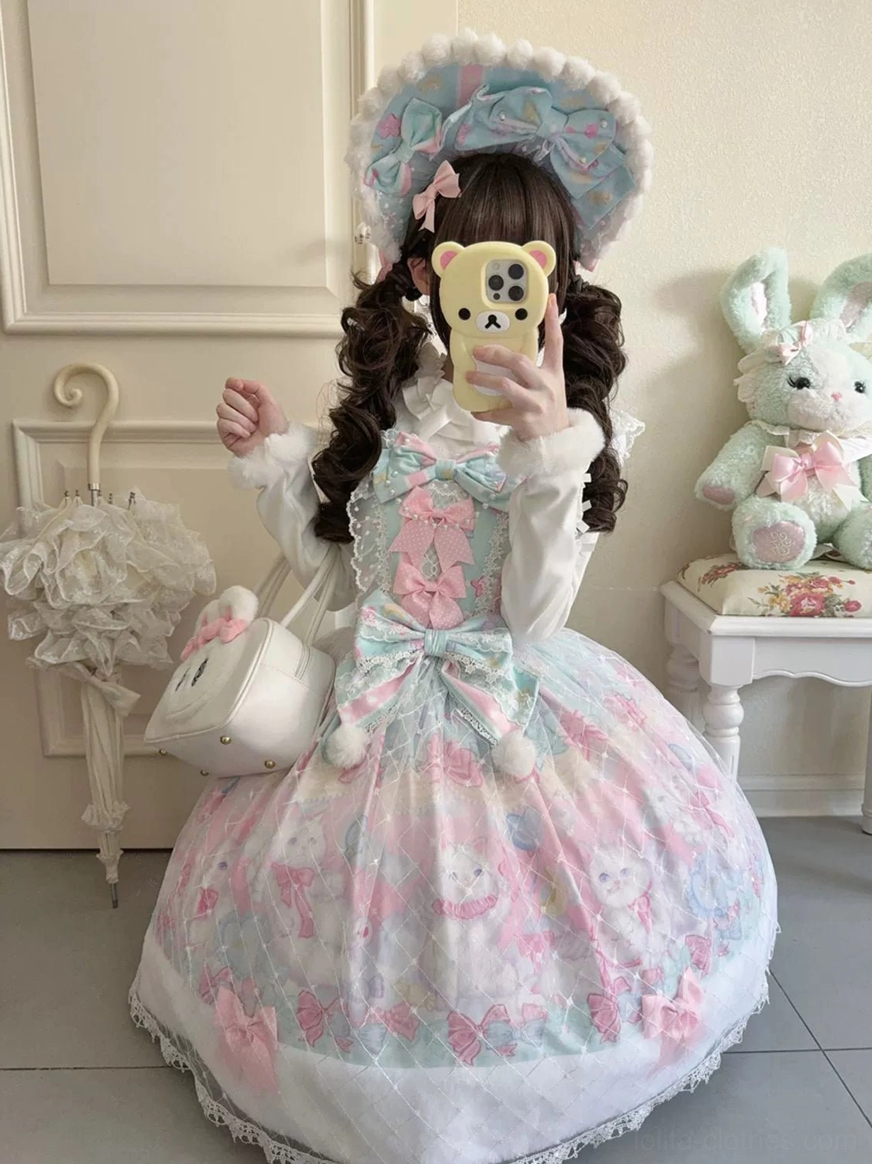 Partial front mirror selfie wearing candy mary cat sweet lolita JSK dress plush kitten decor front bow pastel cat print fabric faux fur skirt trim