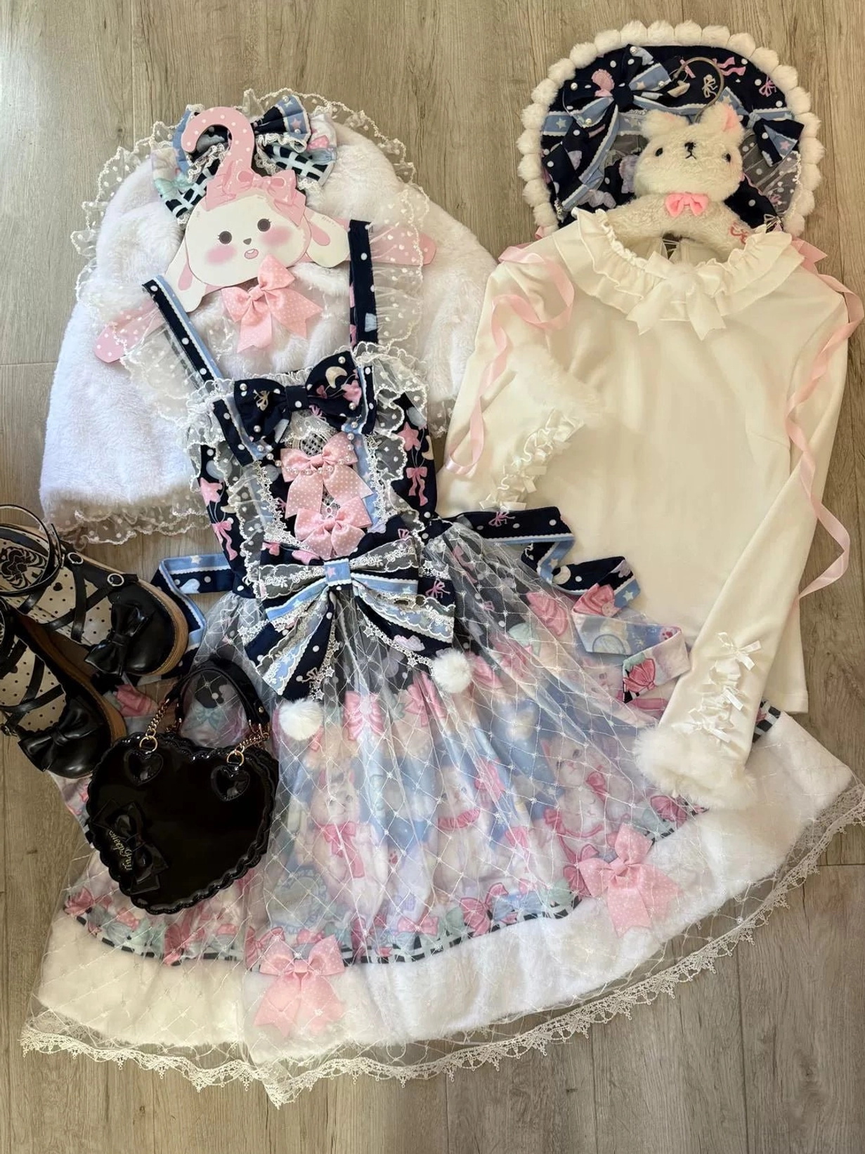 White lolita blouse coordinating piece fluffy faux fur trim cuffs perfect partner for candy mary cat kitten print JSK dress front form