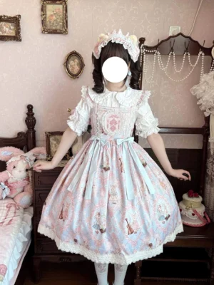 Sweet Lolita JSK jumper skirt with Peter Pan collar white blouse full body front view pink bedroom vintage setting fairy tale printed teddy bear pattern