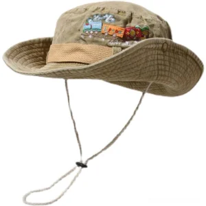 Retro khaki canvas bucket hat with embroidered truck pattern flat lay display overhead view bunny scout lolita accessories