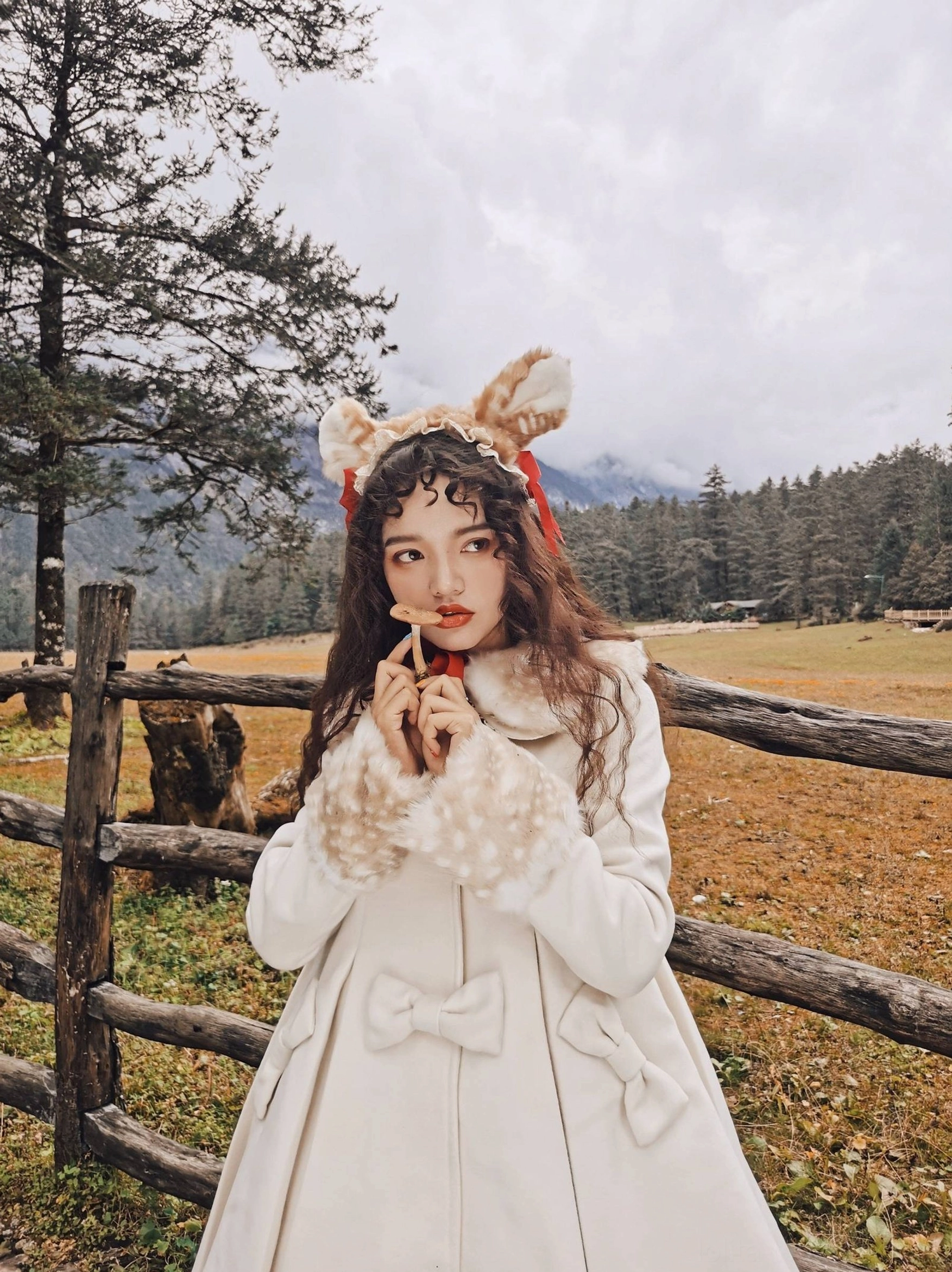 Caramel brown lolita winter coat close-up texture wool fabric quality faux fur collar detail