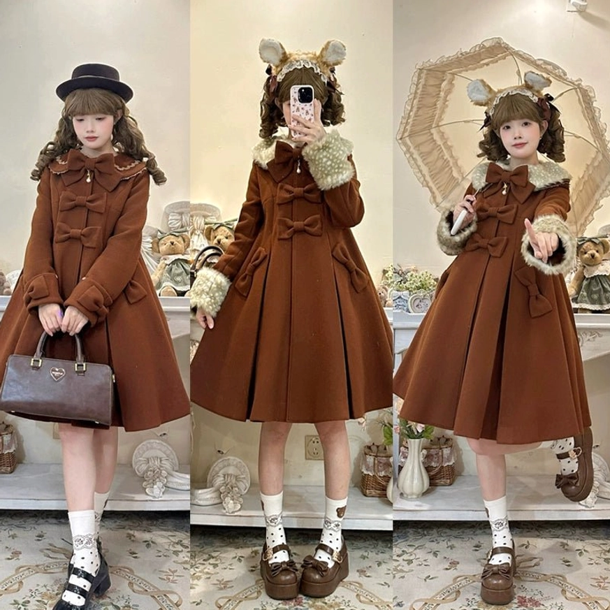 Caramel brown lolita wool coat earthy warm tone classic color option versatile pairing