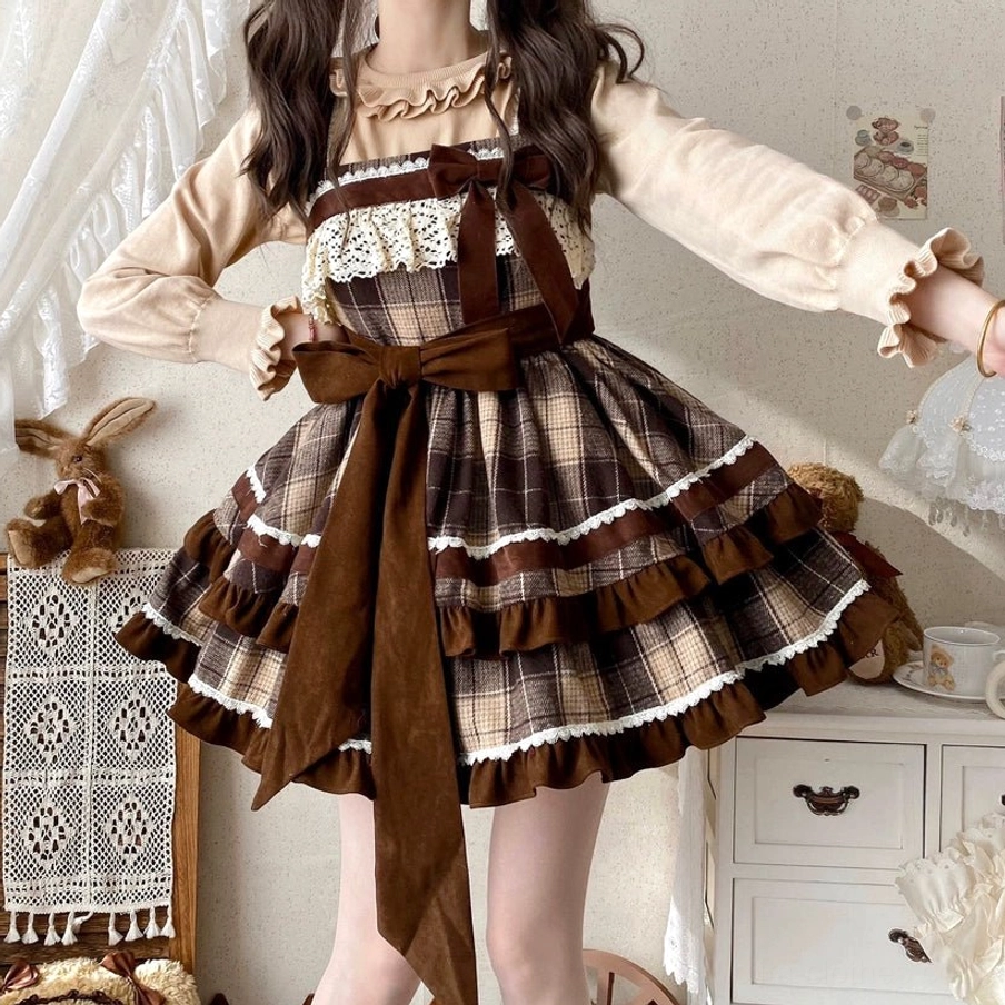 Side close-up view caramel cocoa sweet lolita dress big brown velvet waist bow sash ruffled cuff blouse plaid texture