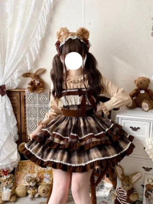 Caramel cocoa sweet lolita JSK dress front view with bear ear hair accessory plaid fabric ruffled tiered skirt