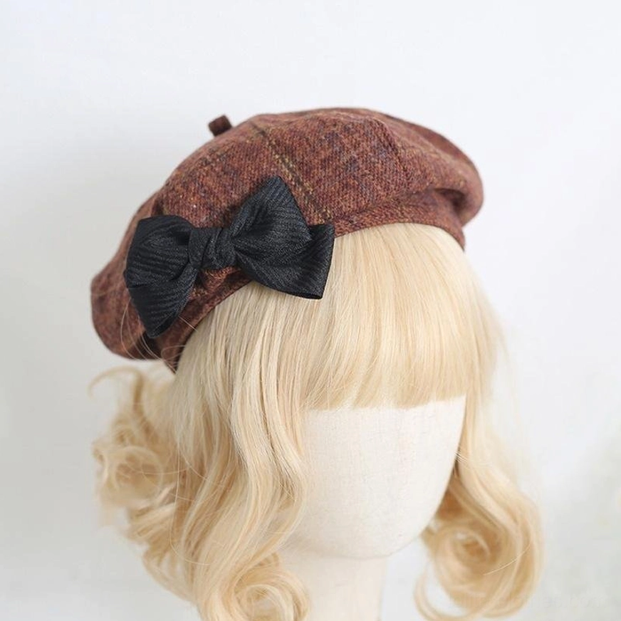 Dark brown plaid sweet lolita beret with black satin bow right side front oblique angle display on mannequin, premium woolen fabric octagonal silhouette, Japanese daily lolita headpiece