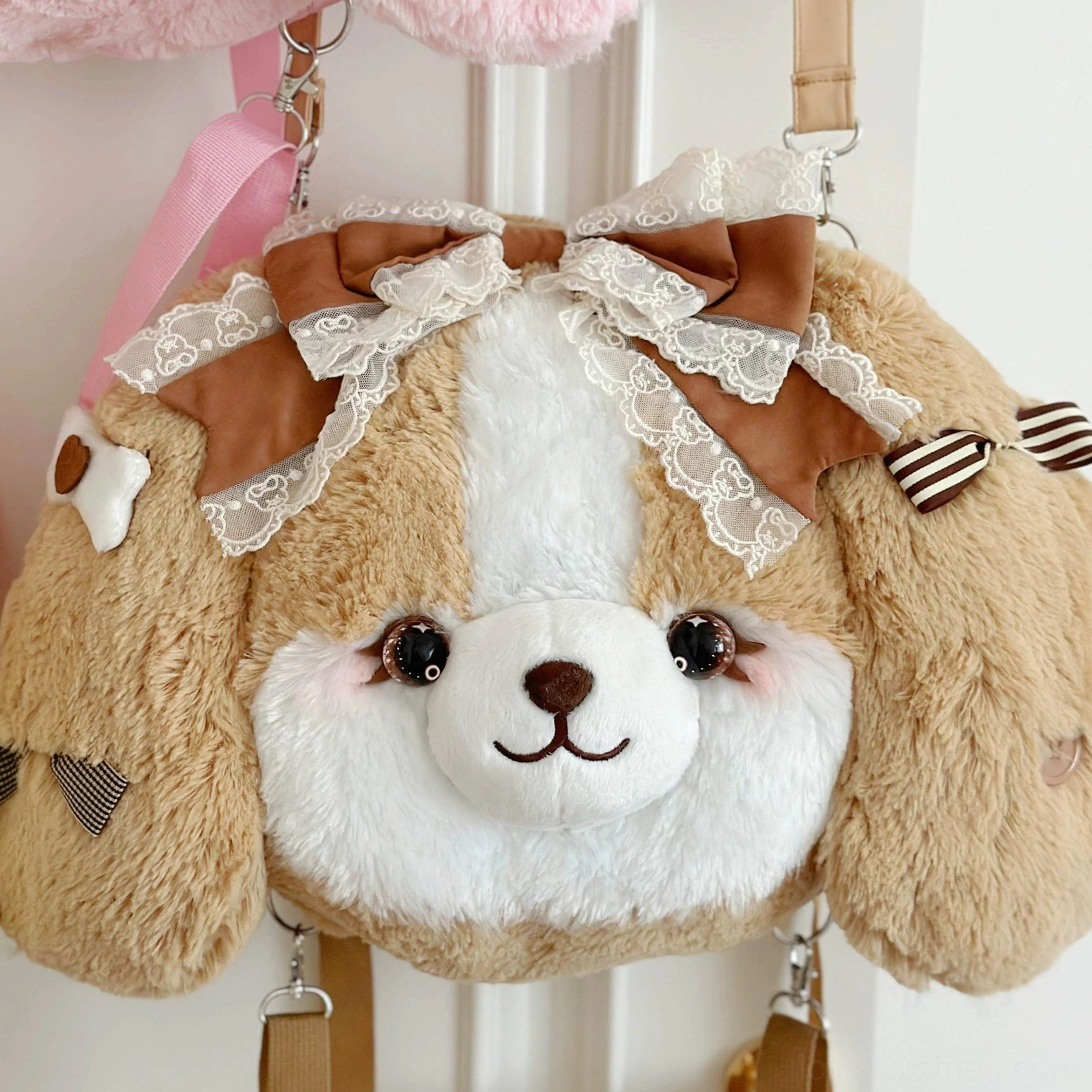 Caramel plush puppy lolita backpack product showcase warm earthy tone for lolita fashion styling and coordination
