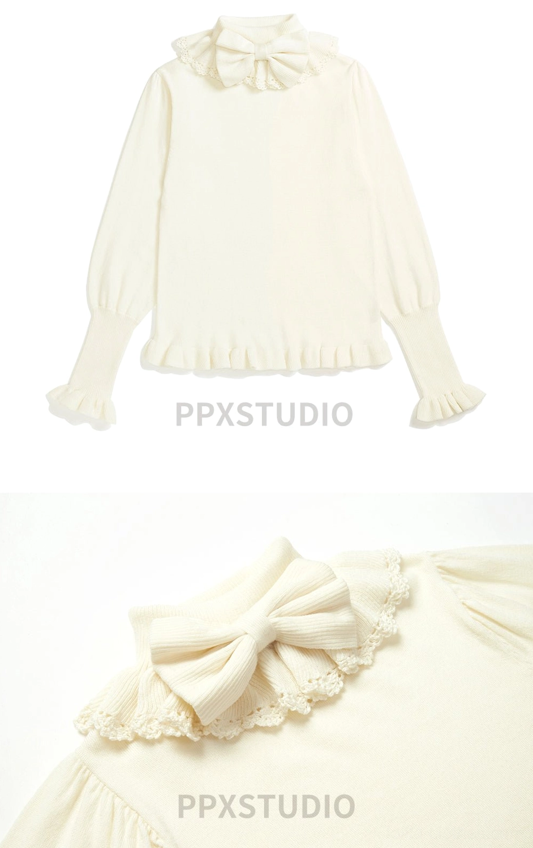 Caramel ruffled turtleneck wool lolita sweater front view flat lay warm neutral lolita layering piece