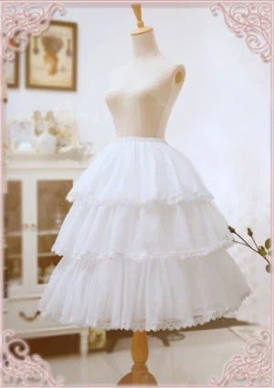 Carmen adjustable a-line lolita petticoat front full view white three-tiered ruffled tulle with lace trim dress form