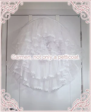 Carmen lolita petticoat hanging front view multi-layered ruffled tulle lace edges vintage indoor door background