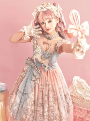 Carousel print sweet lolita JSK dress side-front close-up showing ruffled sweetheart shoulder straps, unicorn embroidery patch on bodice, and delicate cross pendant