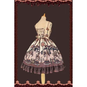 Carousel Print Lolita Jumper Skirt back view showing cross-laced back design and adjustable waist bow detail