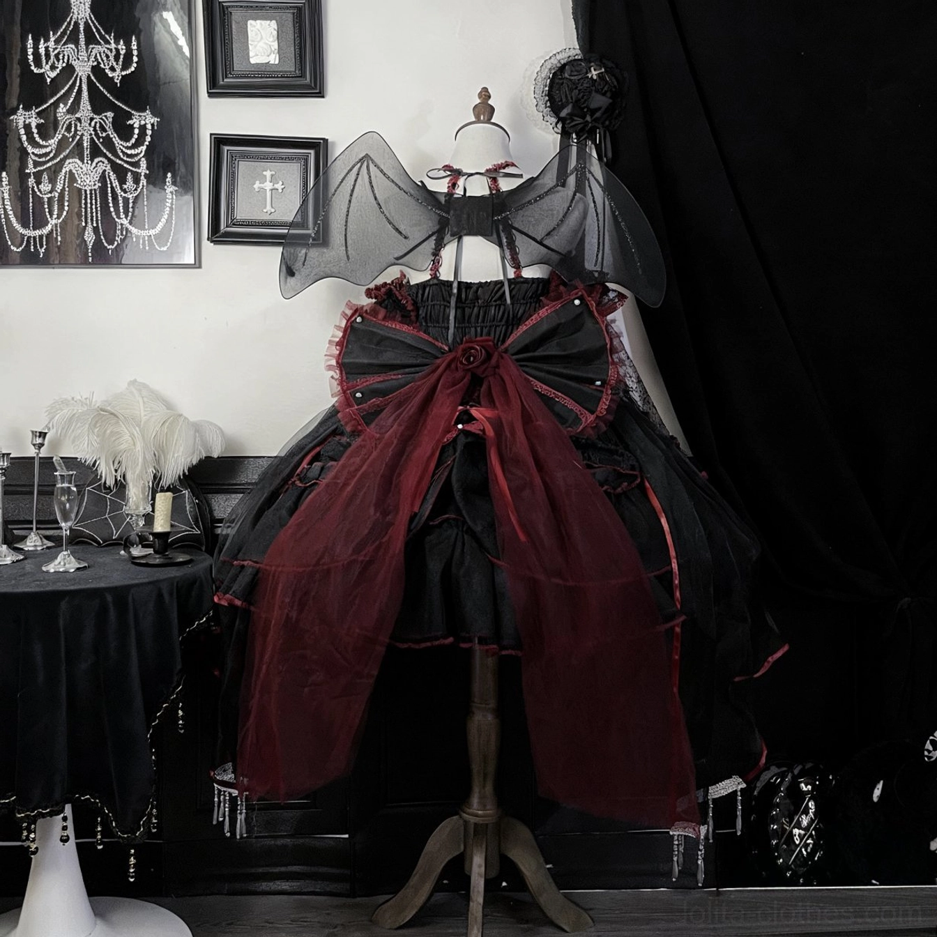 Detachable Devil Wing Accessory for Gothic Lolita JSK Dress - Black Red Rose Embellished Back Bow Decoration