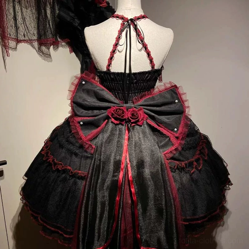 Gothic Lolita JSK Dress Close-Up Back Detail - Halter Tie Strap Oversized Bow with Red Rose Decoration
