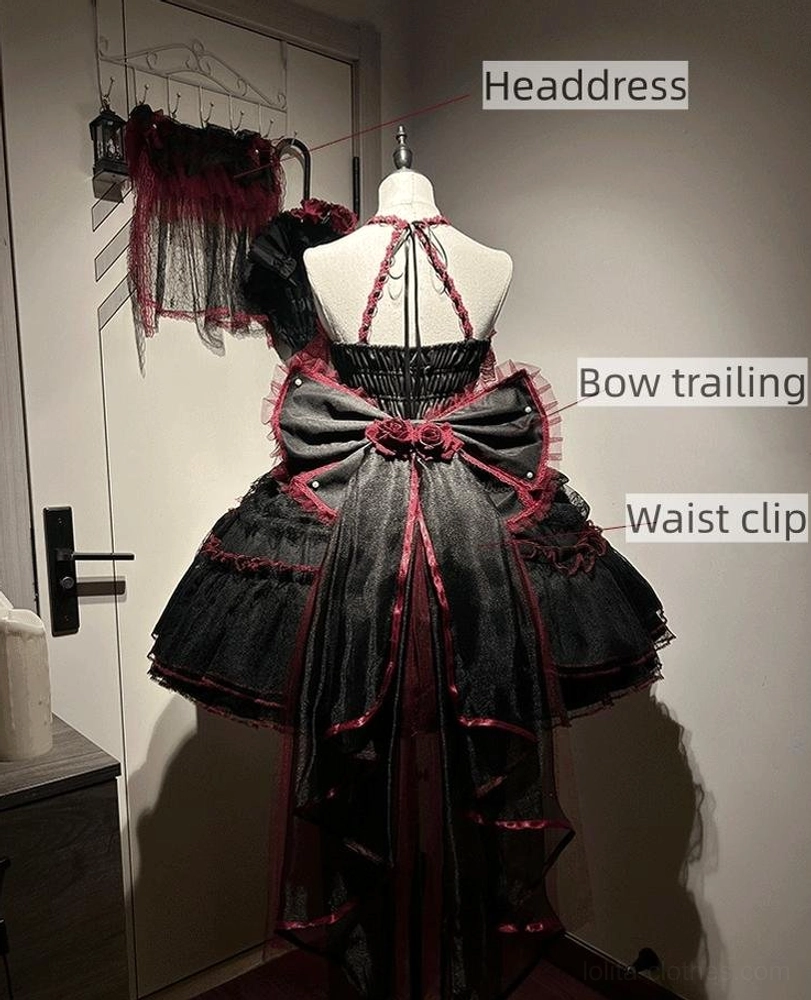 Gothic Lolita JSK Dress Back View with Labeled Components - Headdress Bow Trailing Waist Clip Halter Strap