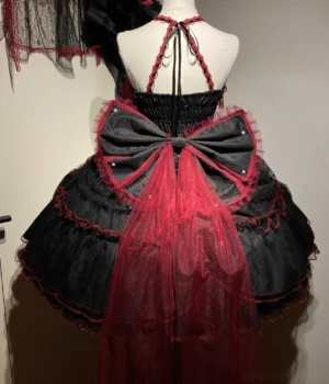 Gothic Lolita JSK Back View - Oversized Bow with Red Tulle Train and Layered Ruffle Skirt