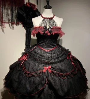 Gothic Lolita JSK Dress Front View - Black and Red Halter Tiered Jumper Skirt with Lace Ruffle Details