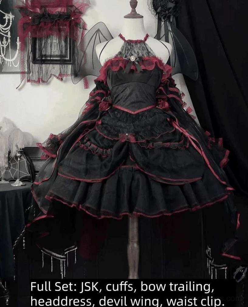 Gothic Lolita JSK Complete Ensemble - Full Set with Devil Wing Headdress Waist Clip and Trailing Bow Accessories