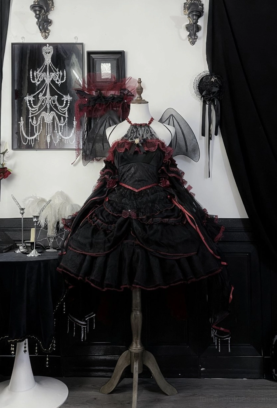 Gothic Lolita JSK Dress with Accessories - Three-Quarter Front on Display Form with Tiered Ruffle Skirt