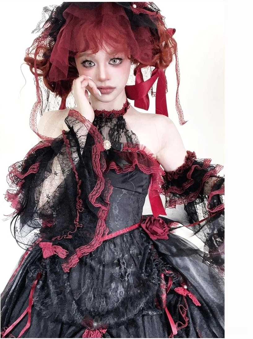 Gothic Lolita JSK Dress Styled Model - Halter High Neck with Lace Ruffle Cuffs and Rose Decorations