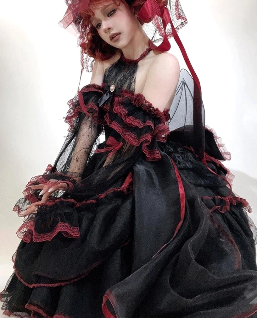 Gothic Lolita JSK Dress on Model - Three-Quarter Front View with Off-Shoulder Lace Sleeves and Red Hair Ornaments