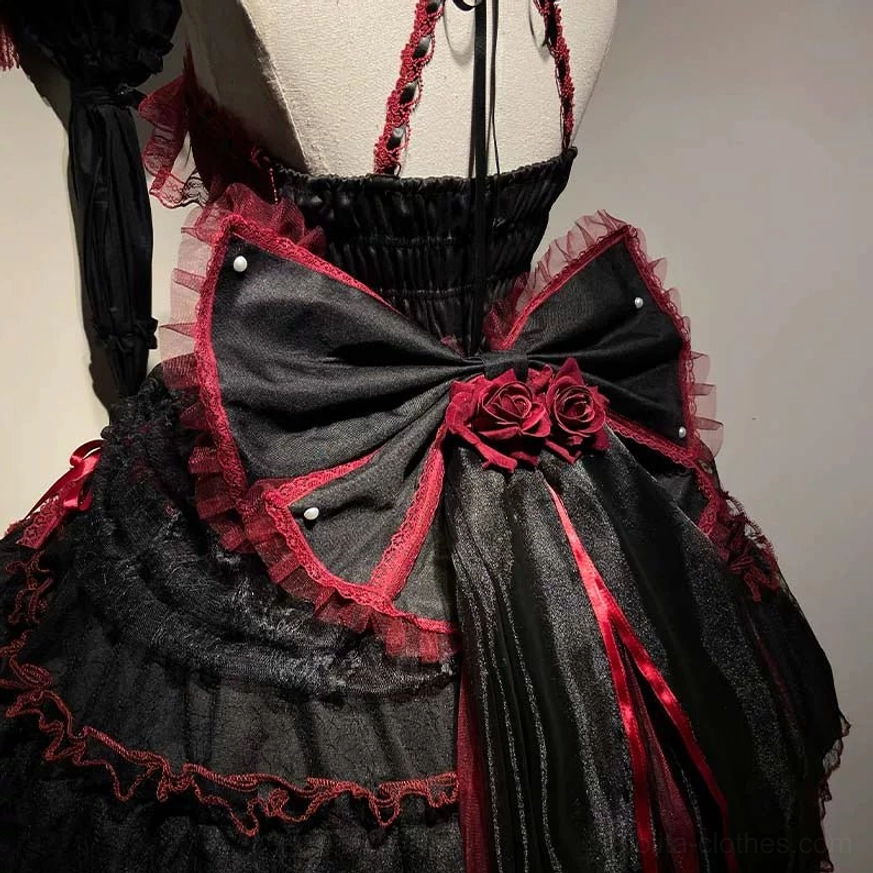Gothic Lolita JSK Dress Styling Detail - Lace Ruffle Trim and Tiered Hem with Red Accent