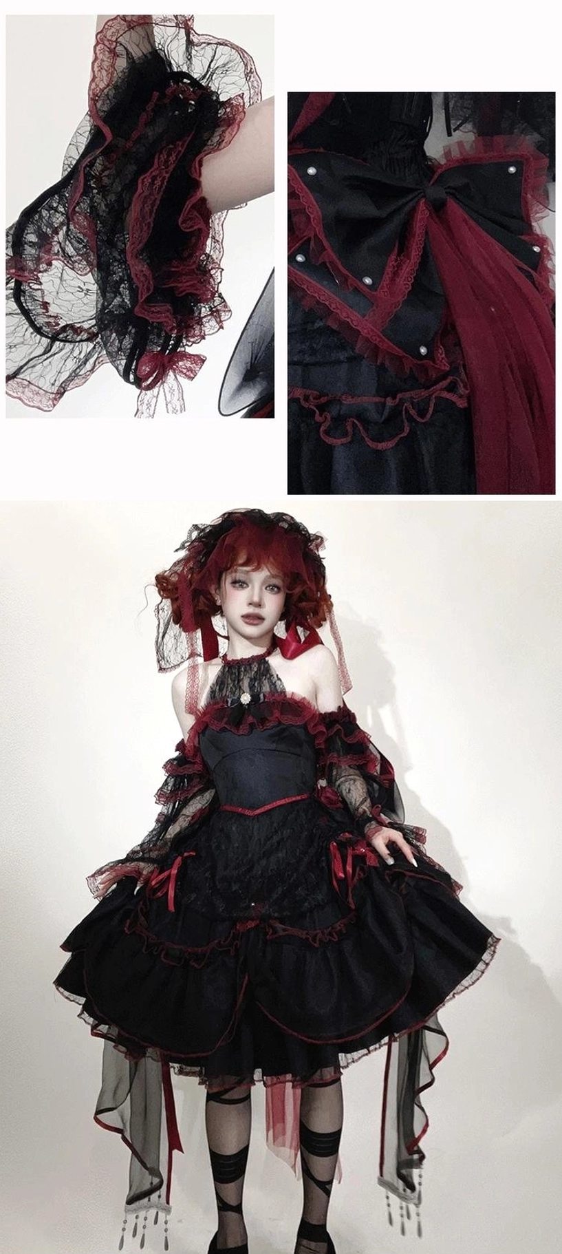 Gothic Lolita JSK Dress Waist Detail - Adjustable Halter Straps Back Shirring Fit System