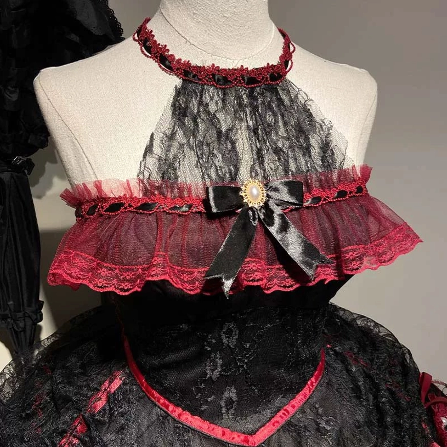 Cascading Shadows Gothic Lolita JSK Dress - Black and Red Tiered Jumper Skirt Fashion Photography