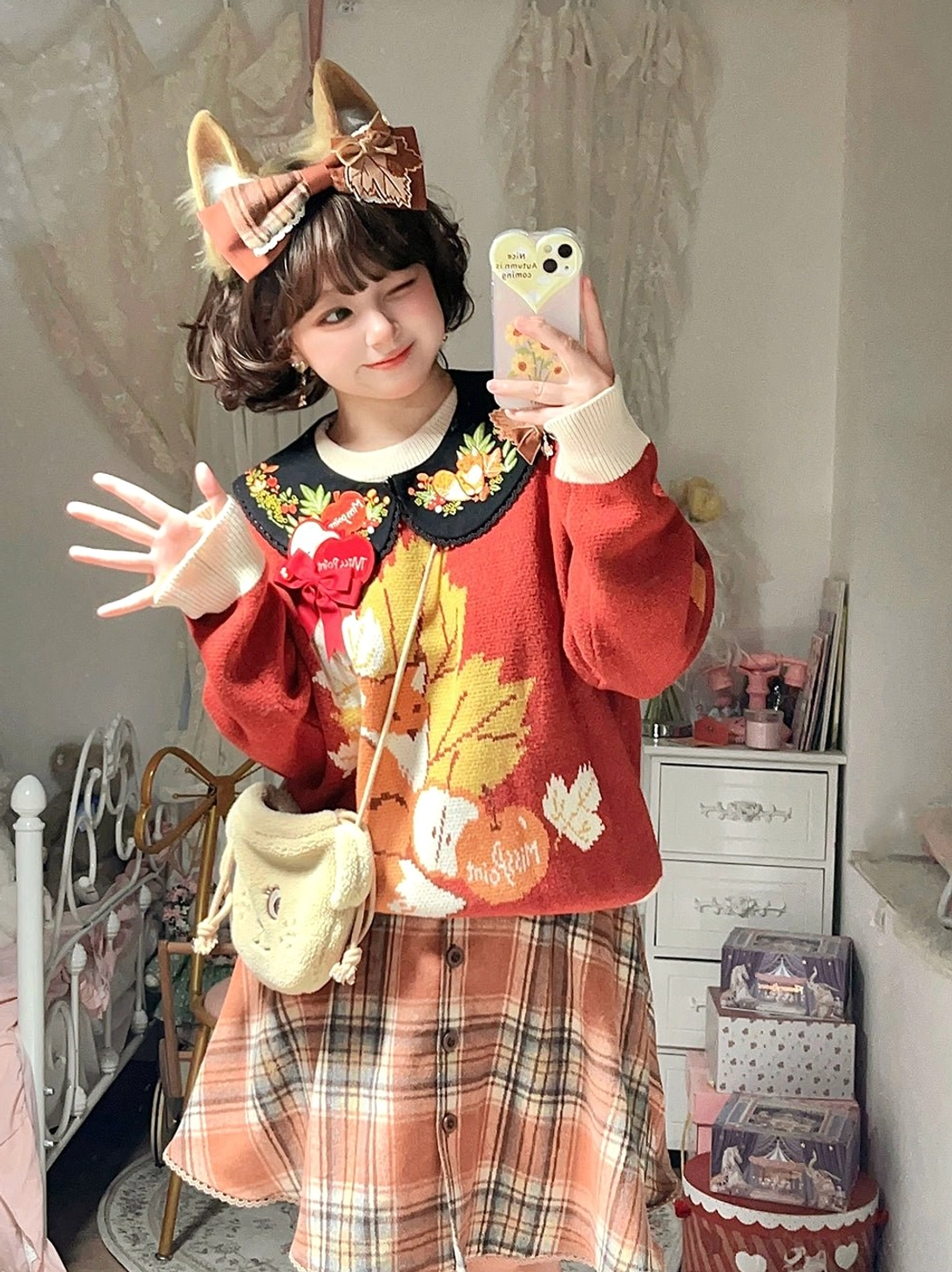 Daily casual lolita styling half-body selfie view model wearing fox ear hairband knit sweater plaid skirt cozy bedroom indoor setting
